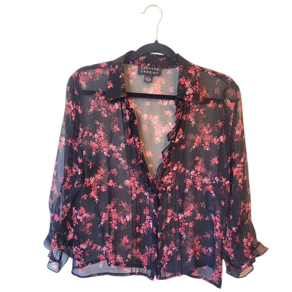 Vintage Y2K Spenser Jeremy Women's Black Floral Silk Blouse Size 10